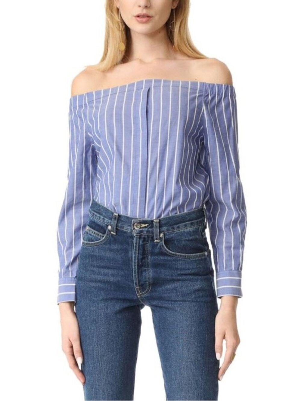 Equipment Femme Gretchen Off the Shoulder Blouse Size Small Blue White Striped